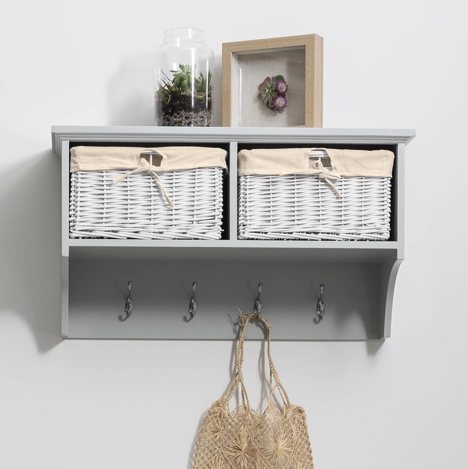 Coat rack with clearance storage baskets