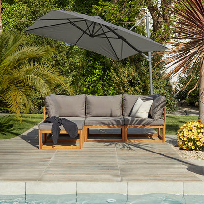 Rowan 3 Seater Wooden Garden Sofa Set With Footstool and Grey Premium Parasol - Laura James
