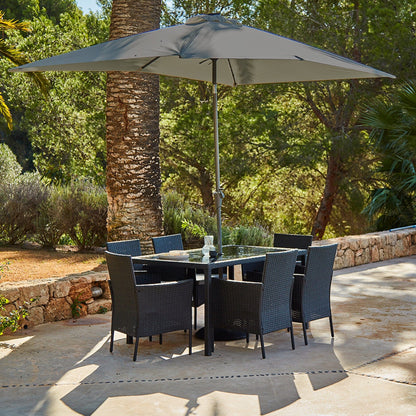 Marston 6 Seater Rattan Dining Set with Grey Parasol - Rattan Garden Furniture - Black