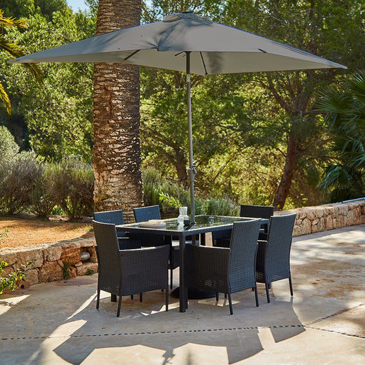 Marston 6 Seater Rattan Dining Set with Grey LED Premium Parasol - Rattan Garden Furniture - Black