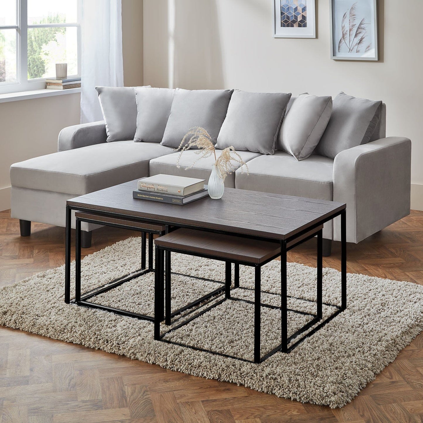 Jay Coffee Table and Side Table Set Walnut and Black