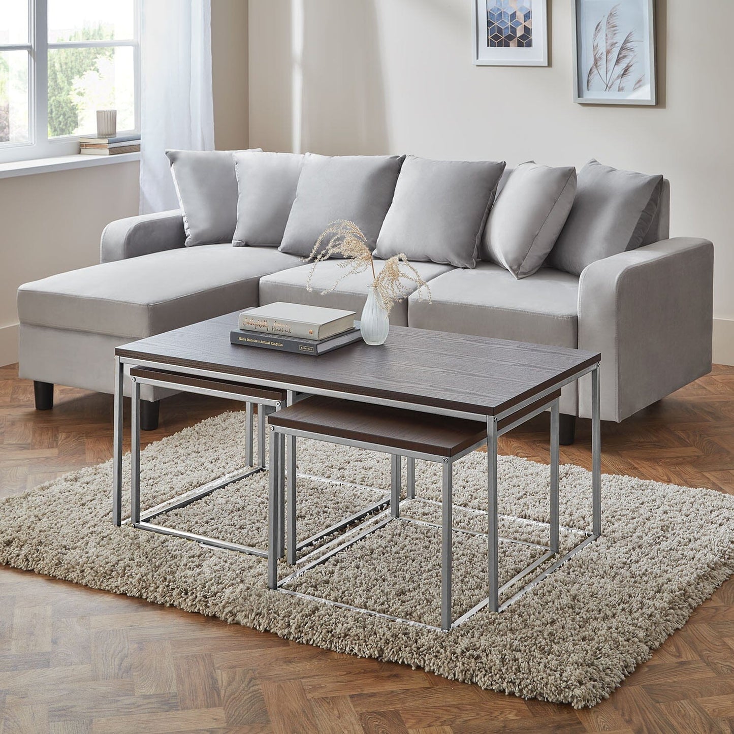Jay Coffee Table and Side Table Set Walnut and Chrome - Laura James