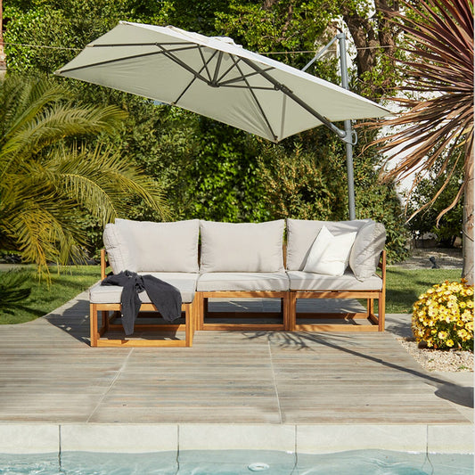 Rowan Natural 3 Seater Garden Sofa and Footstool with Cream Premium Cantilever Parasol - Laura James